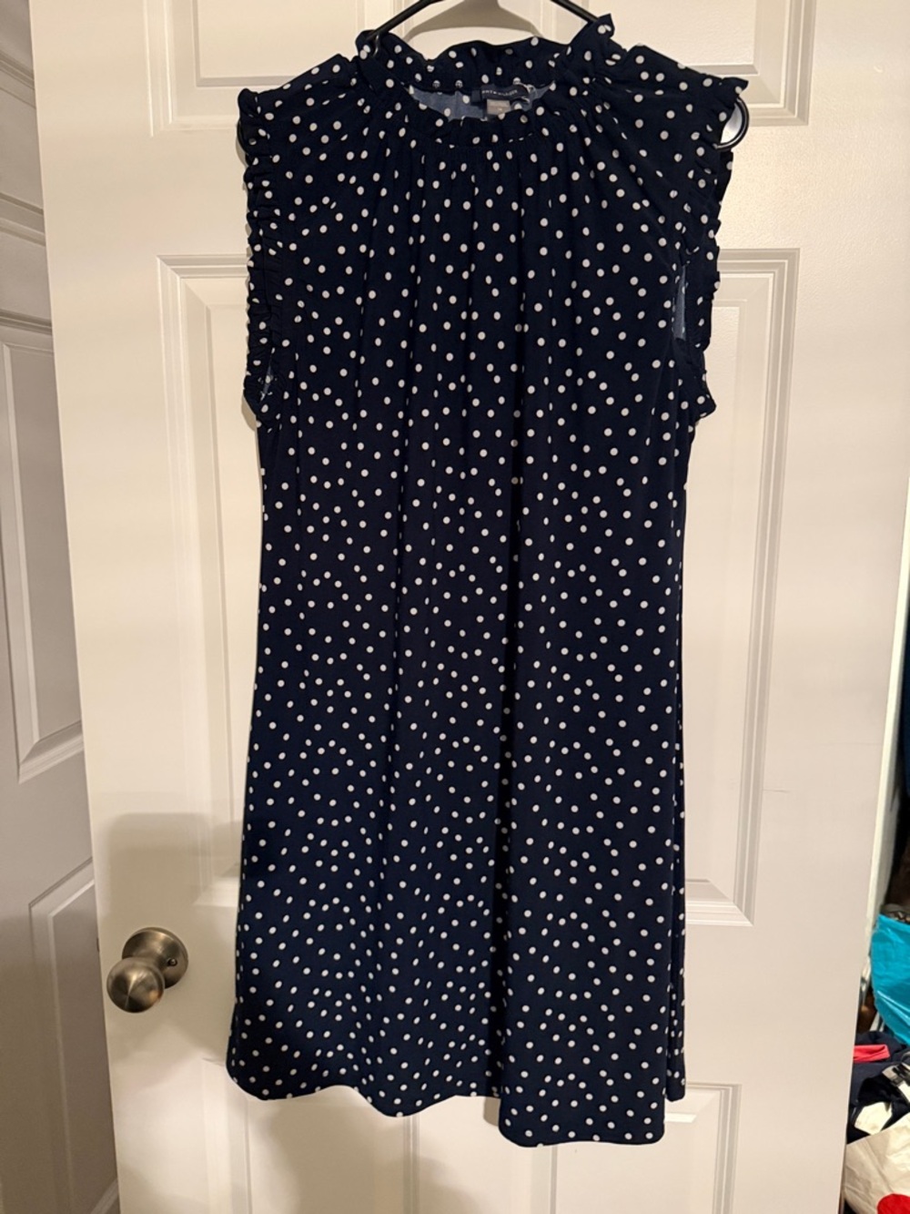 Tommy Hilfiger Navy and White Polka Dot Sleeveless Ruffle Top